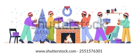 Christmas celebration with friends exchanging gifts festive scene with decorated tree fireplace and stockings cozy atmosphere holiday party theme