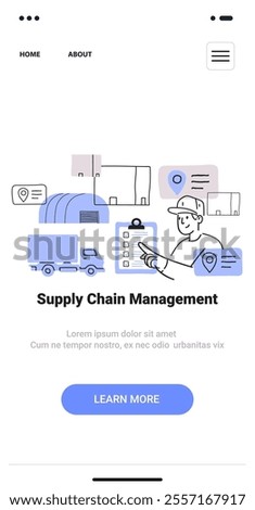 Supply chain management concept logistics warehouse truck checklist worker icons minimalist doodle style mobile app screen