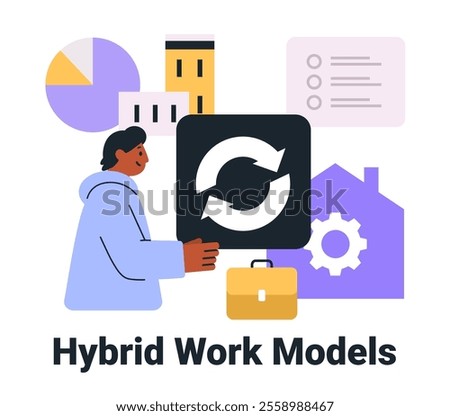 Hybrid work models concept with person holding sync icon buildings pie chart gear briefcase home office elements flat design