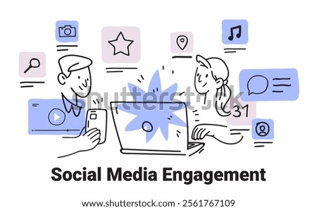 Social media engagement concept with people using devices surrounded by icons like camera star location music in minimalist sketch style