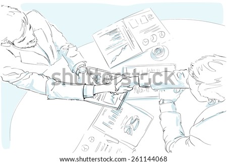 Business people handshake sketch desk with contract sign up documents top angle view vector illustration