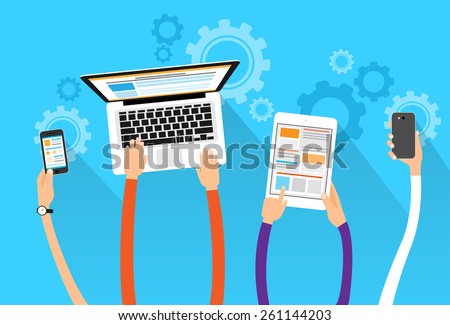 long hands hold device electronics gadget concept laptop phone tablet flat vector illustration