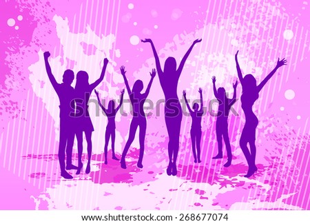 Dancing Pink Colorful Dance Banner People Crowd Silhouettes Hold Hands Up Vector illustration