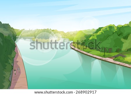 Water River Pond Jungle Forest Green Landscape Park Blue Sky Vector Illustration