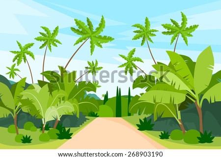Jungle Forest Green Landscape with Road Path and Blue Sky Vector Illustration