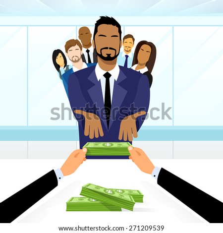 Business People Group Leader Get Salary Dollar Stack Money Boss Businessmen Diverse Team Vector Illustration