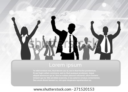 Business People Group Silhouette Excited Hold Hands Up Raised Arms, Businessman Concept Winner Success Copy Space Vector Illustration