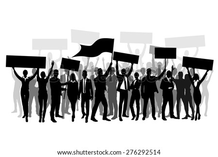 Protest People Crowd Silhouette, Man Holding Flag Banner Vector Illustration