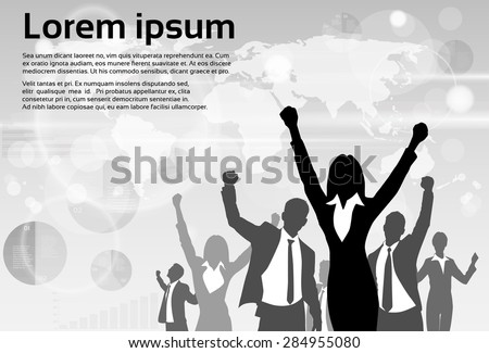 Business People Group Silhouette Excited Hold Hands Up Raised Arms, Businesswoman Concept Winner Success Copy Space Vector Illustration