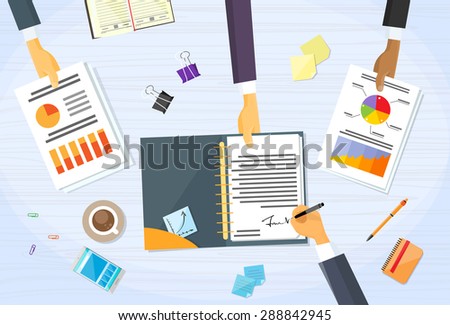 Business People Hands Signature Financial Paper, Group Businessmen Pen Sign Up Document Desk Vector Illustration