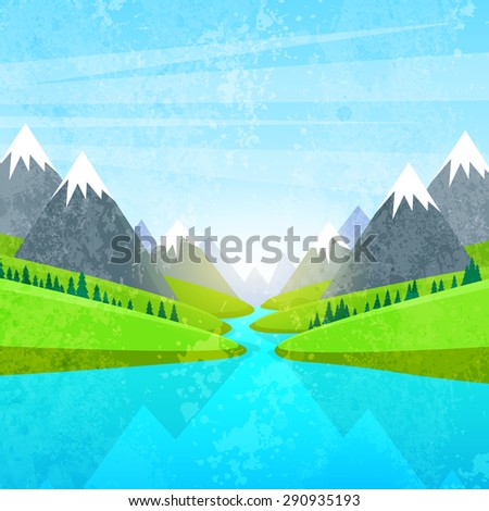 Mountain Water River Landscape Forest Green Park Blue Sky Flat Vector Illustration
