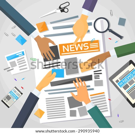 News Editor Desk Workspace, Making Newspaper Creating Article Writing Journalists Crew, Hands Team Group Vector Illustration