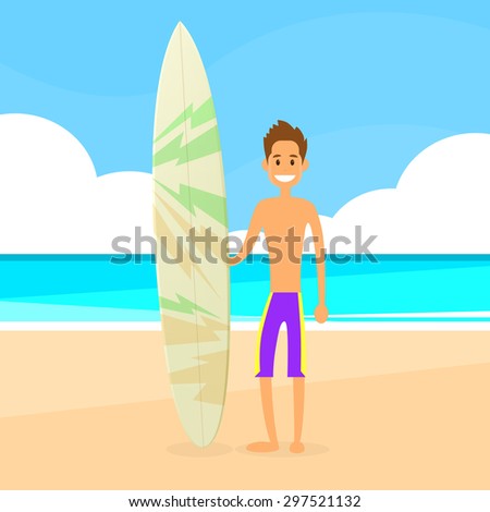Surfer Man with Surfing Board Summer Holiday Ocean Beach Vector Illustration