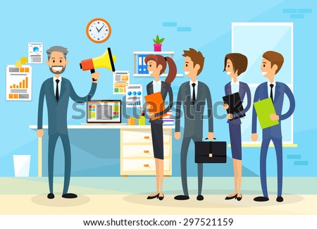 Businessman Boss Hold Megaphone Loudspeaker Colleagues Business People Team Group Working Office Flat Vector Illustration