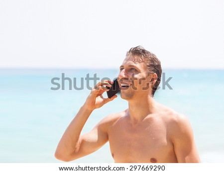 man cell phone call smile on beach summer vacation, tourist communication sea travel