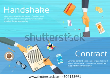 Handshake Businessman Contract Sign Up Paper Document, Business Man Hands Shake Pen Signature Office Desk Web Banner Flat Vector Illustration
