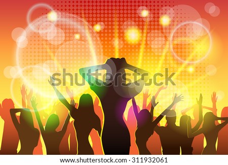 NIght Club People Crowd Dancing Silhouettes Party Vector Illustration