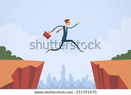 Businessman Jump Over Cliff Gap Mountain Flat Retro Vector Illustration