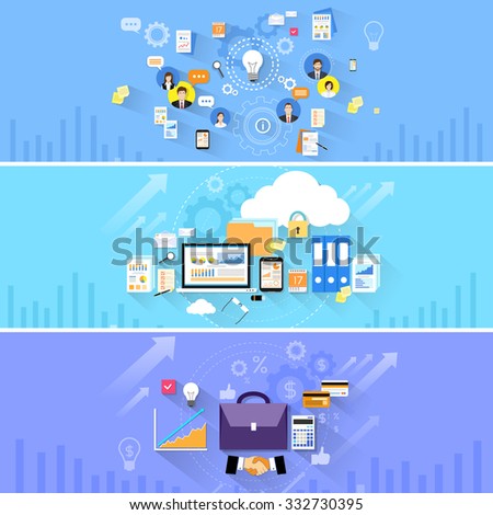 Briefcase Handshake Computer Cloud Storage Social Media Communication People Banner Set Flat Vector Illustration