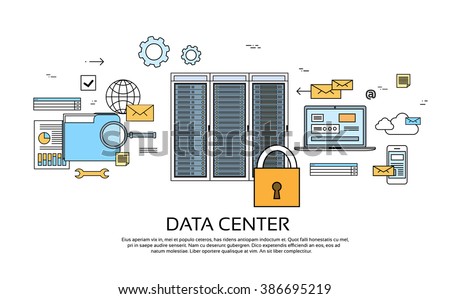 Data Center Hosting Server Computer Device Information Database Technology Banner Thin Line Vector Illustration