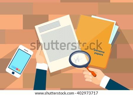 Business Hand Hold Magnifying Glass Offshore Panama Papers Folder Documents Office Desk Vector Illustration
