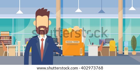 Business Man Hold Panama Papers Folder Office Interior Flat Vector Illustration