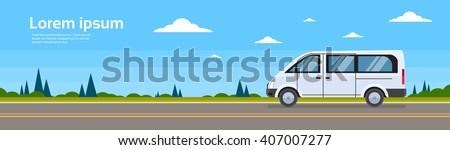 Mini Bus Passenger Car On Road Minibus Banner Flat Vector Illustration