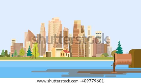 Nature Pollution City Plant Pipe Dirty Waste Water Polluted Environment Flat Vector Illustration