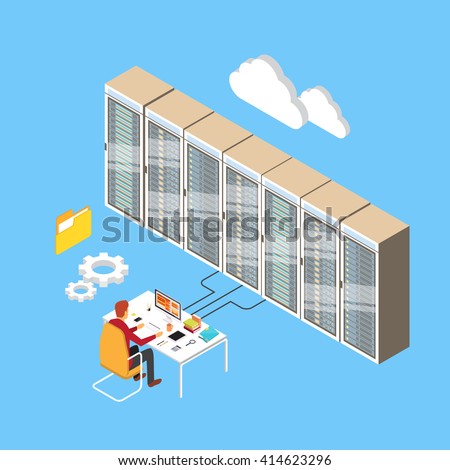Man Working Data Center Technical Room Hosting Server Database 3d Isometric Vector Illustration