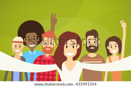 People Group Taking Selfie Photo Hipster Friends Flat Vector Illustration