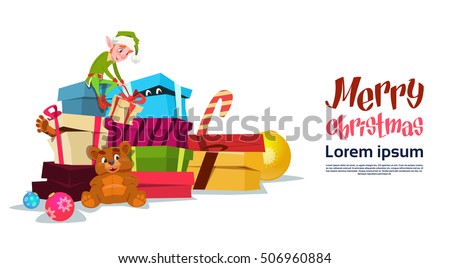Christmas Elf Boy Cartoon Character Santa Helper Hold Many Present Box Flat Vector Illustration