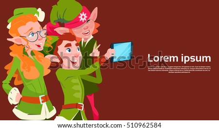 Santa Claus Helper Green Elf Group Making Selfie Photo, New Year Christmas Holiday Greeting Card Flat Vector Illustration