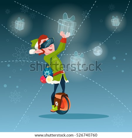 Santa Helper Green Elf Wear Digital Glasses Hold Virtual Present Merry Christmas Happy New Year Flat Vector Illustration