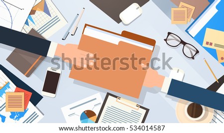 Hands Give Folder Document Papers Share Data Workplace Desk Office Stuff Top Angle View Flat Vector Illustration