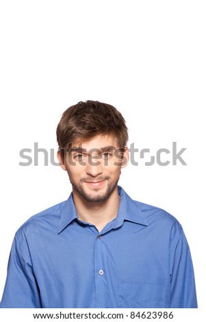 Handsome young business man happy smile, isolated over white background. series of portrait photos.