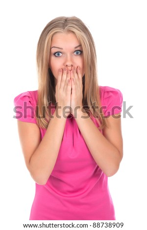 Woman with both hands in front of mouth, teenage girl in pink dress, isolated over white background