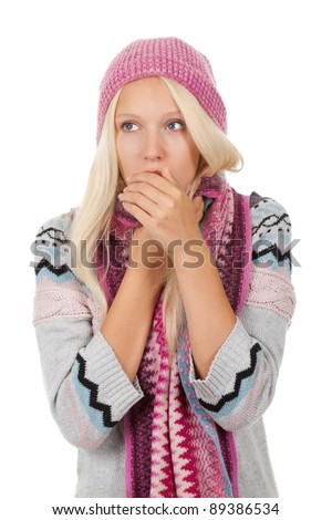 young sick girl got flu or cold, cover mouth by hold hand, wear wear winter knitted pink hat scarf and sweater, isolated over white background
