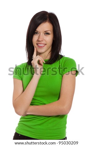 pretty excited woman happy smile, young attractive girl wear green shirt, isolated over white background