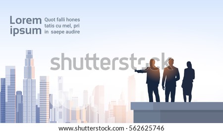 Business People Group Silhouettes On Office Building Roof Over City Landscape Vector Illustration