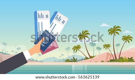 Hand Holding Ticket Boarding Pass Travel Document Seaside Vacation Sea Beach Background Flat Vector Illustration