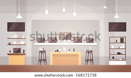 Modern Electronics Store Shop Interior Banner with Copy Space Vector Illustration