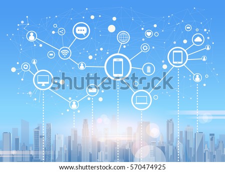 Social Media Communication Internet Network Connection City Skyscraper View Cityscape Background Vector Illustration