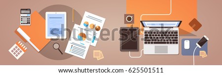 Workplace Desk Top Angle View Tablet Laptop Computer With Paper Documents Reports Finance Graph Flat Vector Illustration