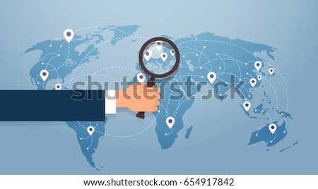 Hand Hold Magnifying Glass Over World Map Searching Place For Vacation Gps Pin Vector Illustration