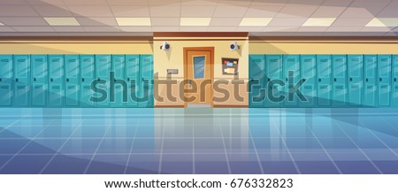 Empty School Corridor Interior With Row Of Lockers Horizontal Banner Flat Vector Illustration