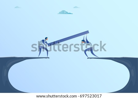 Two Businessmen Building Bridge Over Cliff Gap Mountain Business People Cooperation Help Teamwork Concept Flat Vector Illustration