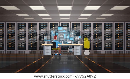 Man Working In Data Center Room Hosting Server Computer Monitoring Information Database Flat Vector Illustration