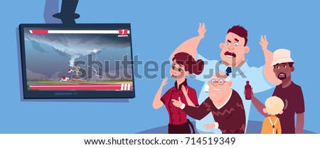 Scared People Watching News About Twisting Tornado Hurricane In USA Storm Waterspout In Countryside Natural Disaster Concept Flat Vector Illustration