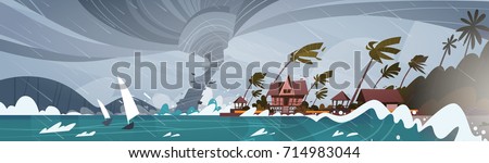 Tornado Incoming From Sea Hurricane In Ocean Huge Waves On Houses On Coast Tropical Natural Disaster Concept Flat Vector Illustration