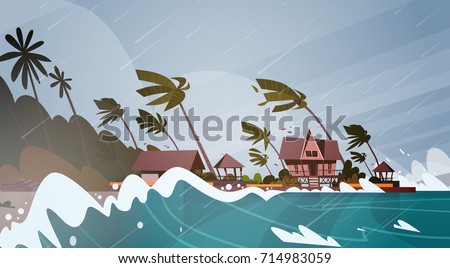 Tornado Incoming From Sea Hurricane In Ocean Huge Waves On Houses On Coast Tropical Natural Disaster Concept Flat Vector Illustration
